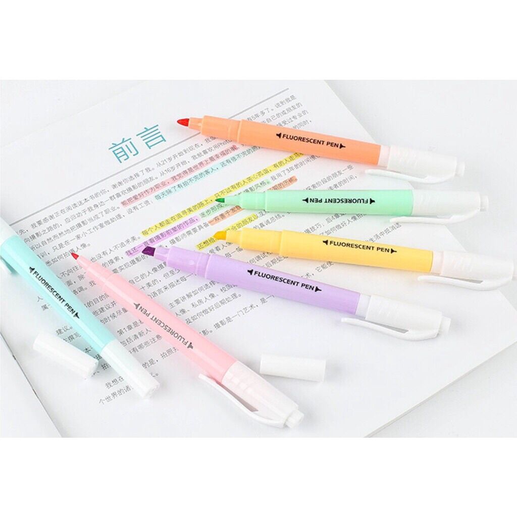 Set 6 Bút highlight pastel 2 đầu FLUORESCENT PEN (dupe STABILO)