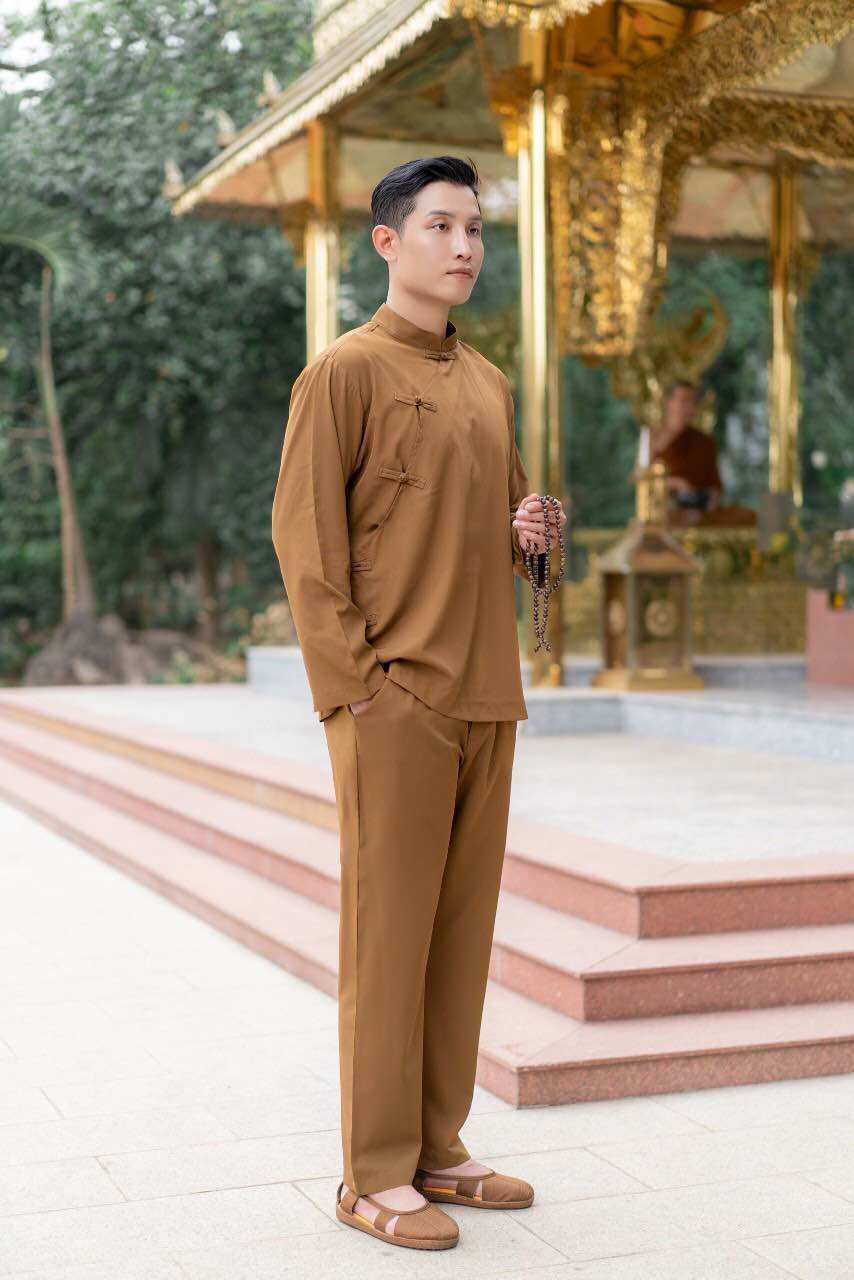 Đồ lam cho nam vải kate kiểu cổ tàu nút xéo màu đồng