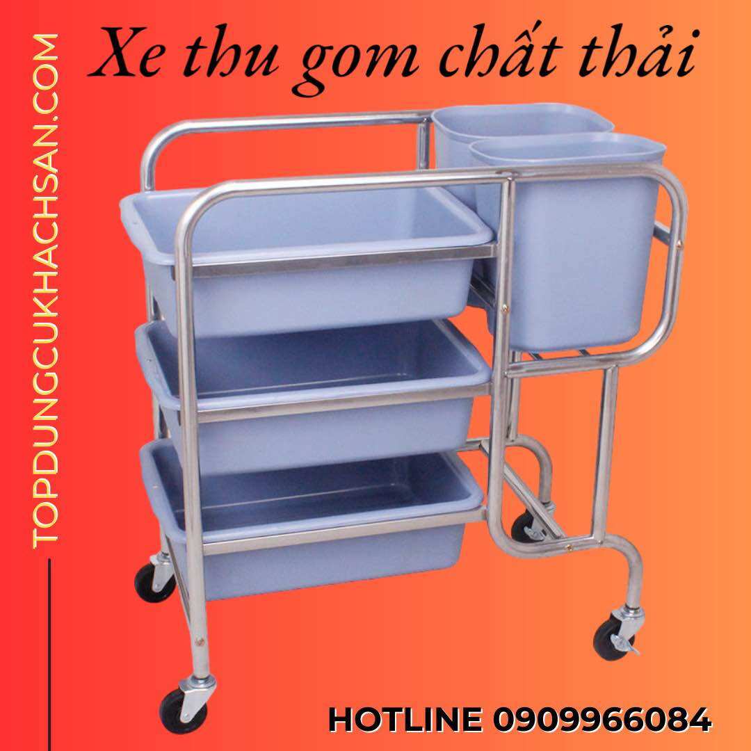 Xe đẩy thu gom thức ăn thừa, xe thu gom chén dĩa khung inox tải trọng 150kg