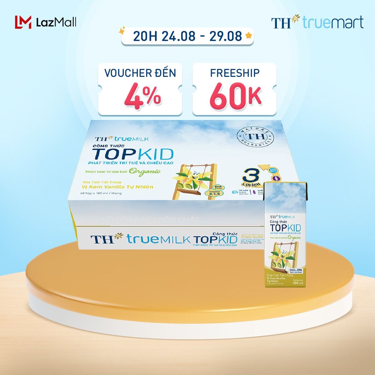 Thùng 48 hộp sữa tươi tiệt trùng TH true MILK TOPKID Organic vị kem vanilla tự nhiên 180 ml (180 ml x 48)