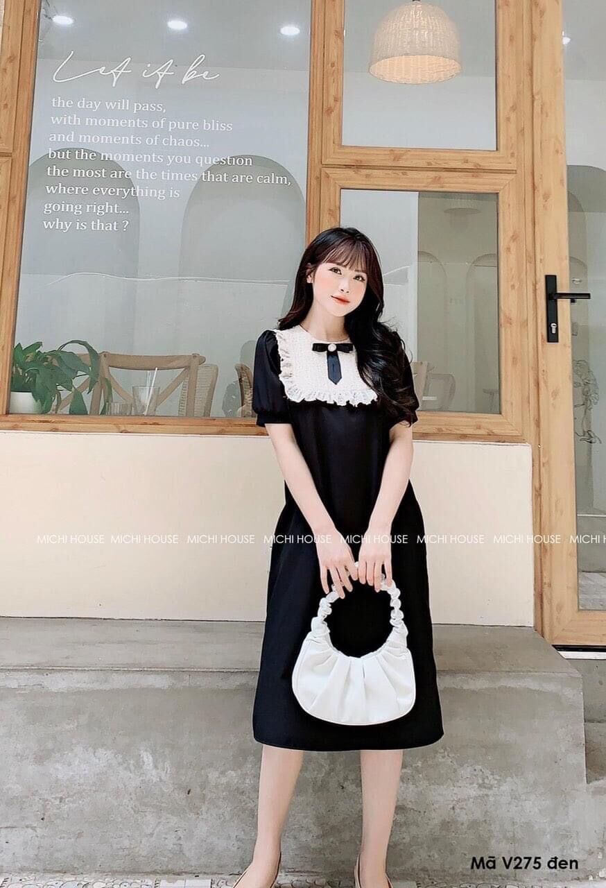 Đầm bầu công sở đen phối nơ thời trang