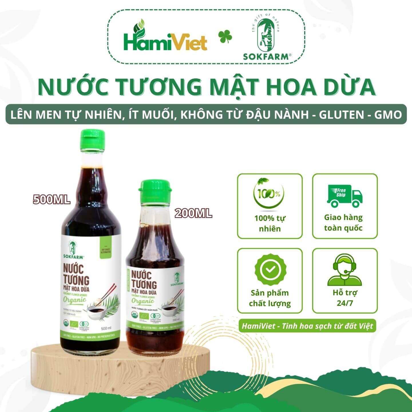 Sokfarm Organic Coconut Honey Soy Sauce Is Low in Salt, Soy-Free, Gluten-Free and Preservative-Free.