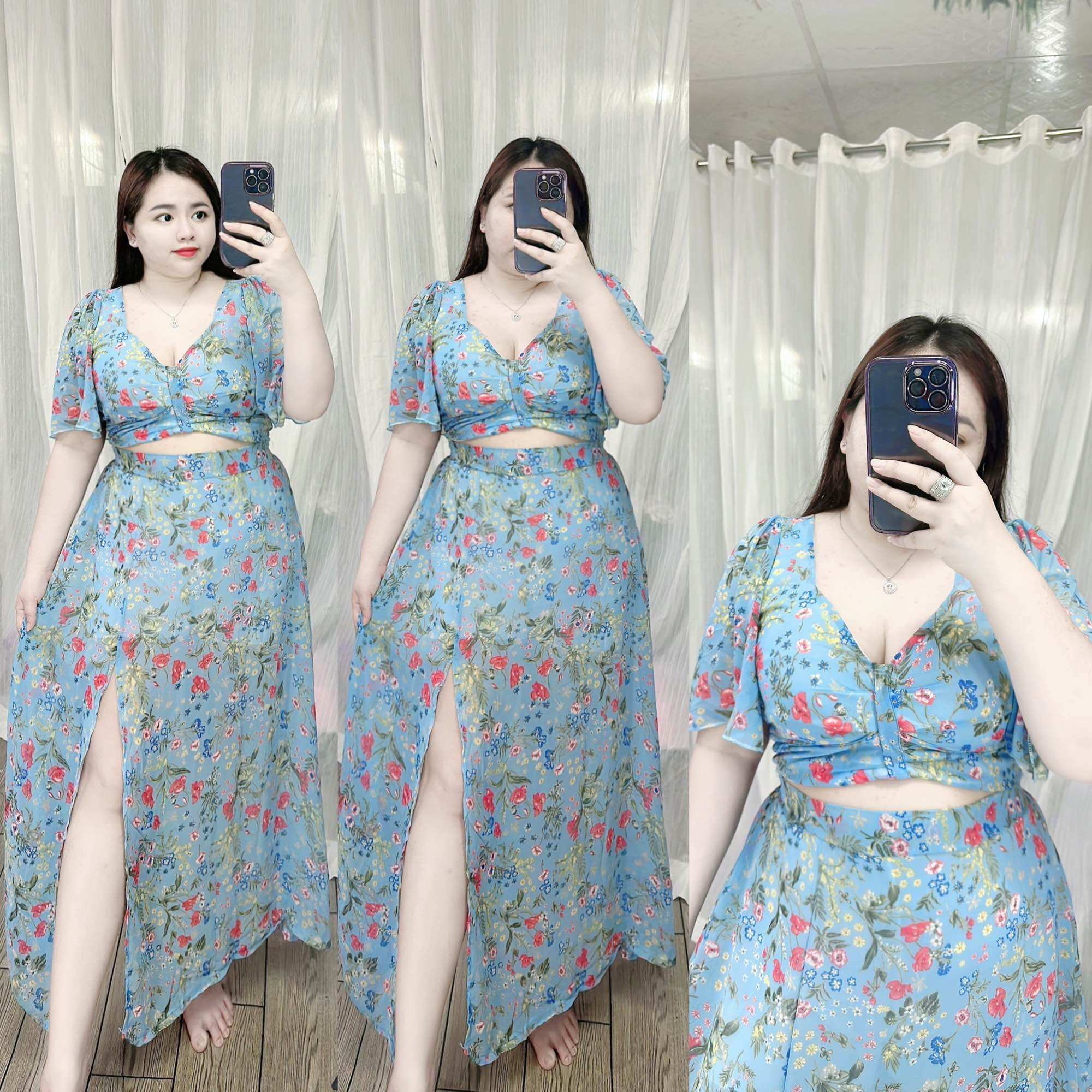 [Bigsize 65-90kg] Set áo chân váy voan xẻ tà