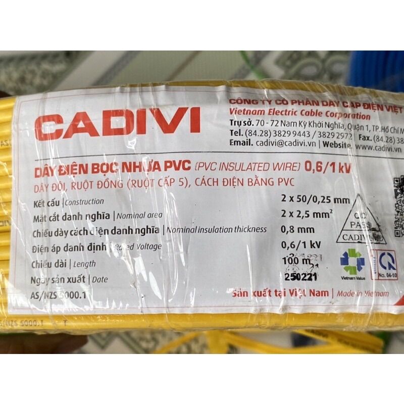Dây điện đôi cadivi 2x2.5 mm vcmd 2x50/0.25 mm dây đôi 1 lớp vỏ