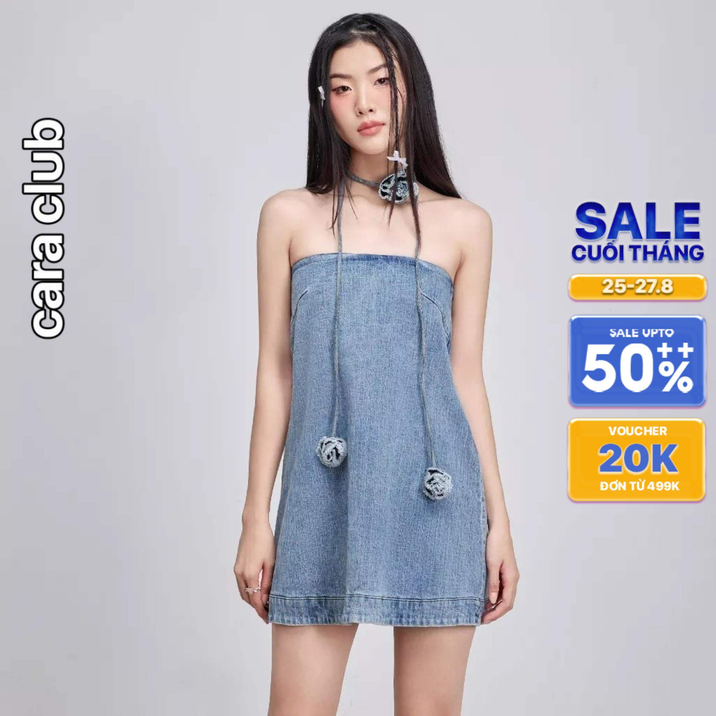 CARA Đầm ngắn nữ Edena dáng ống rộng chất vải jean hiện đại trendy