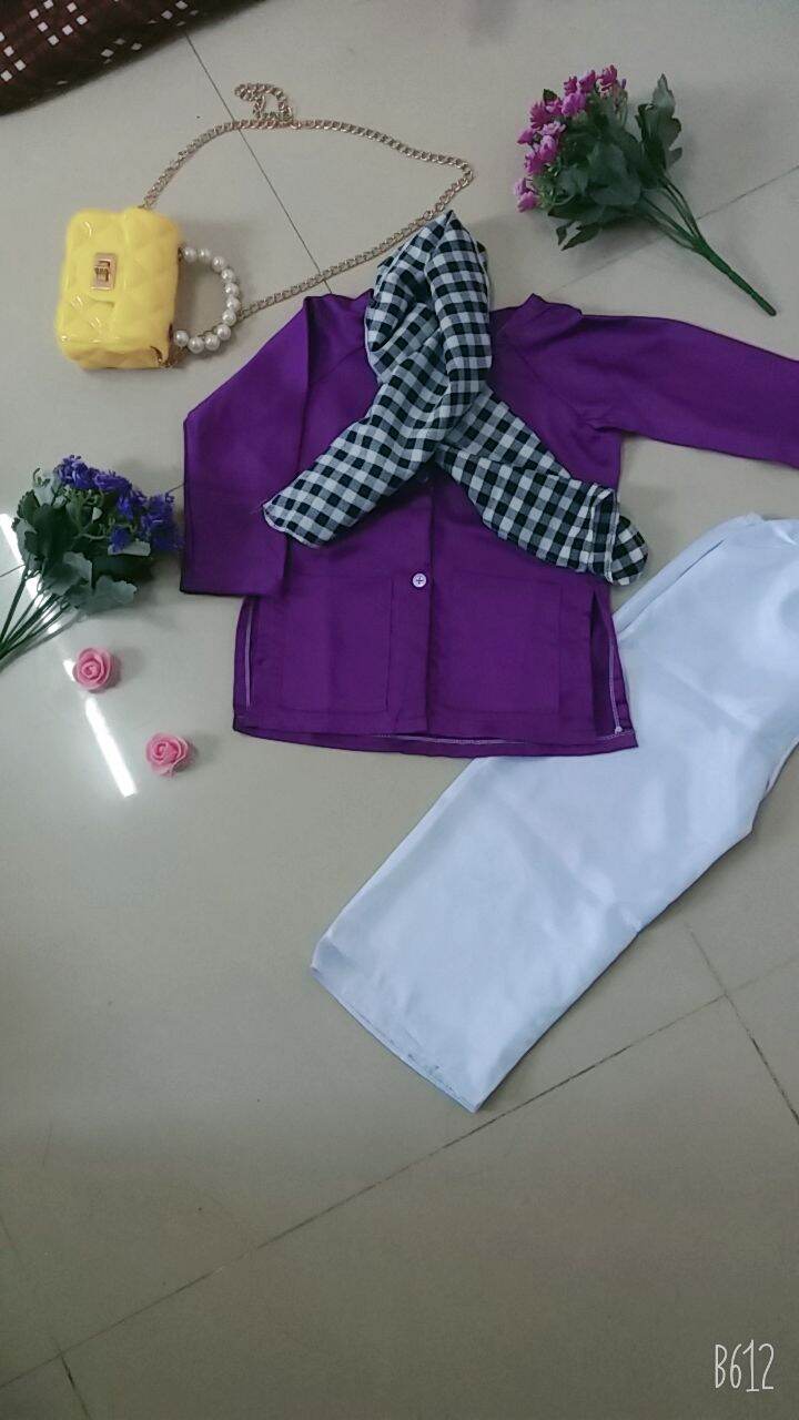 Set bà ba lụa satin tím kèm khăn rằn xinh yêu
