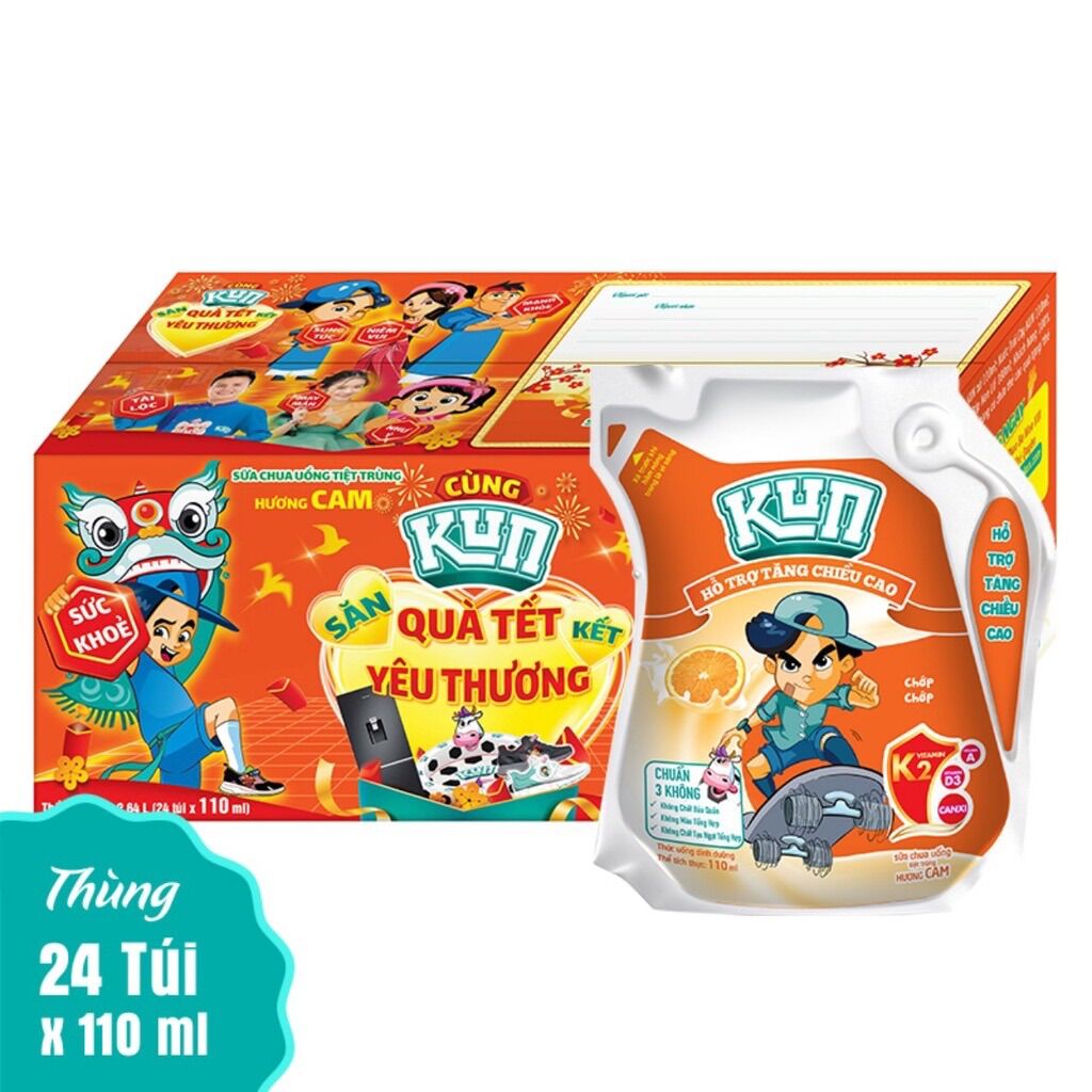THÙNG 24 TÚI SỮA KUN 110ML HƯƠNG CAM (24 túi x 110ml)
