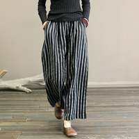 Lieoyuarn | Quần ống rộng kẻ sọc màu trơn kiểu retro bằng chất liệu cotton và lanh dành cho nữ