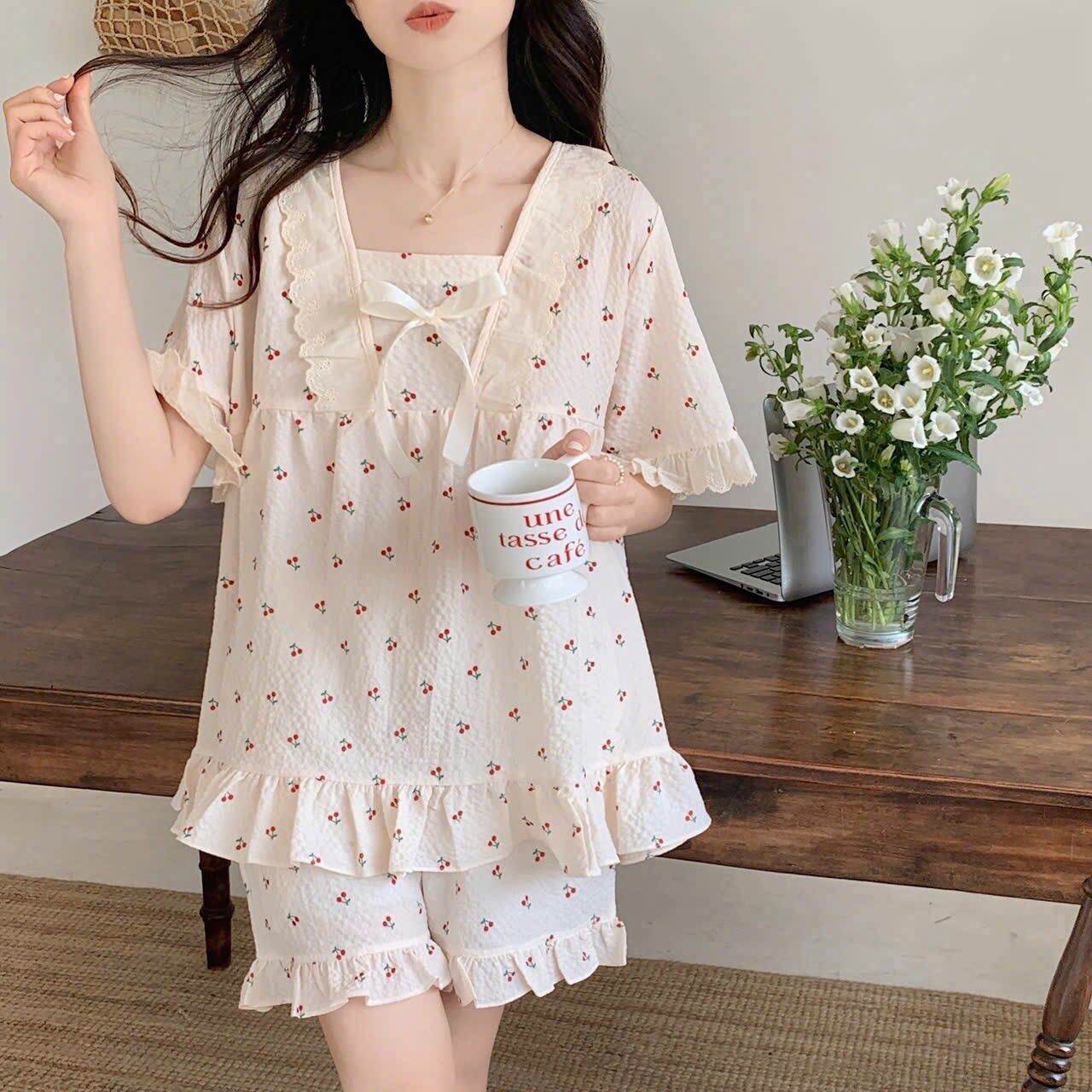 Sét bộ đùi pyjama gân ren nơ phối bèo