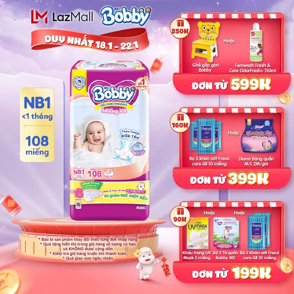 Miếng lót sơ sinh Bobby Newborn NB1 - 108 miếng - Siêu thấm khô thoáng (Tặng thêm 6 miếng Tã Quần Mở