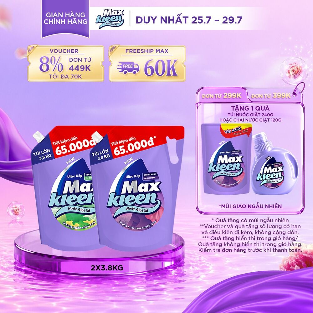Combo Túi Nước Giặt Xả MaxKleen Hương Huyền Diệu Túi 3.8kg + Hương Vườn Sớm Mai 3.8kg
