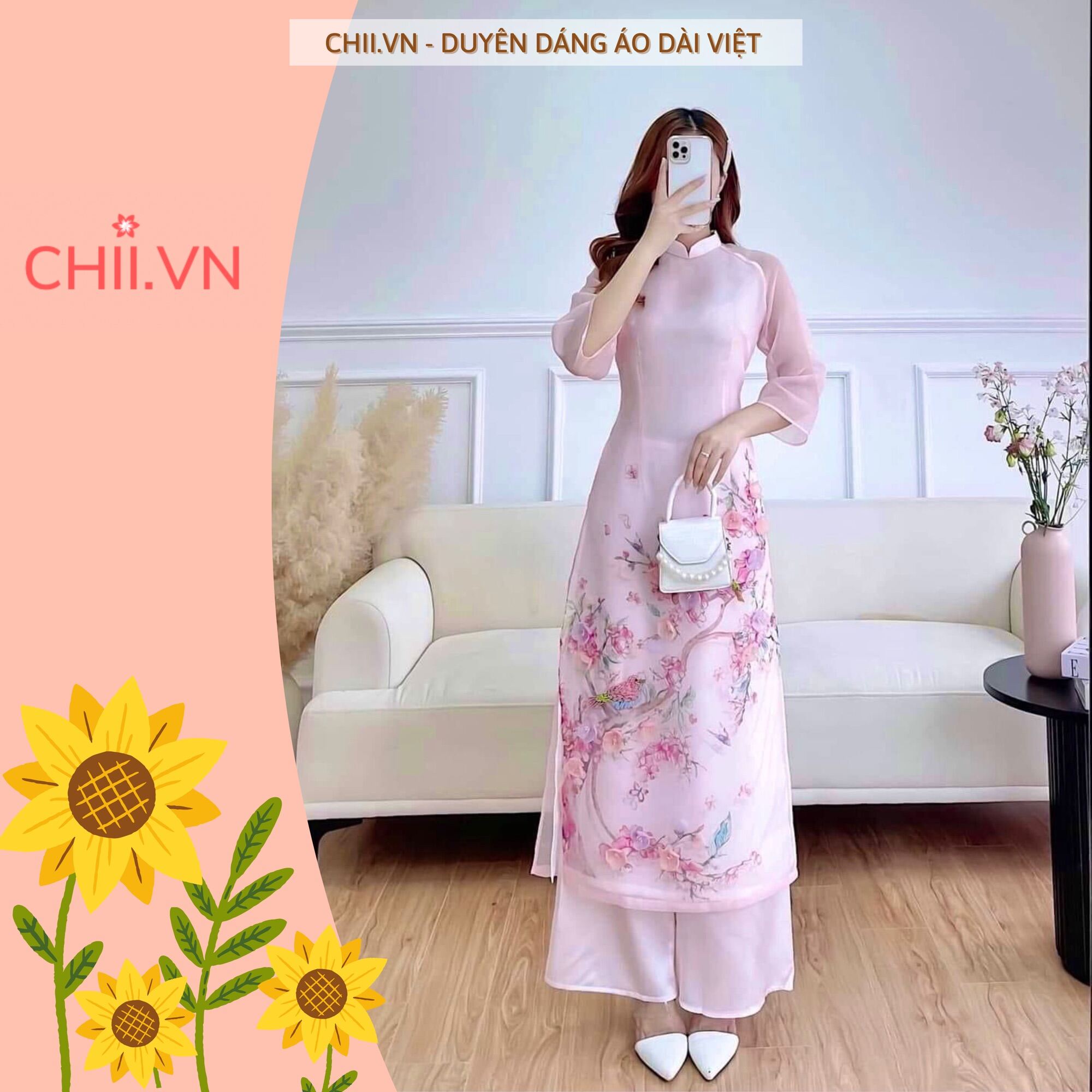 Áo Dài Cách Tân Đính Hoa Nổi Kết Hạt Thủ Công, Áo Dài Tơ Organza 4 Tà Hoạ Tiết Hoa Đào Màu Hồng Đẹp Hàng Cao Cấp