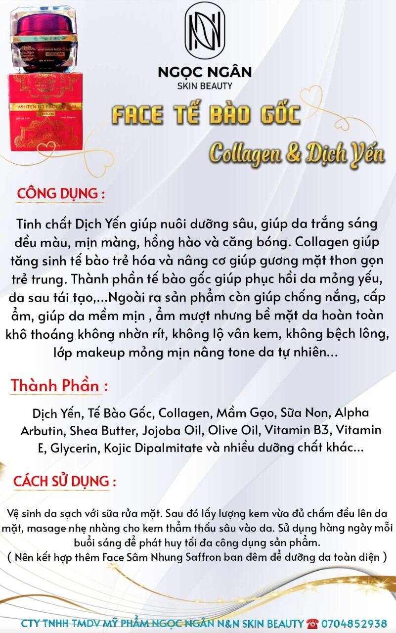 (Mẫu mới nâng cấp) KEM FACE TẾ BÀO GỐC COLLAGEN DỊCH YẾN CAO CẤP ( Hộp to 30gr)