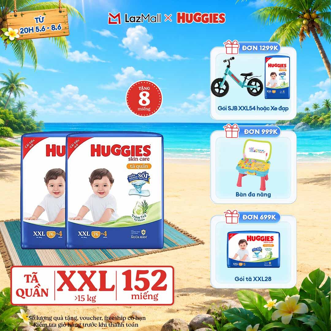 [CHỈ 9-10.6 GIẢM THÊM 90K]  Combo 2 Gói Tã/bỉm quần HUGGIES SKINCARE MEGA JUMBO size XXL76+4 miếng