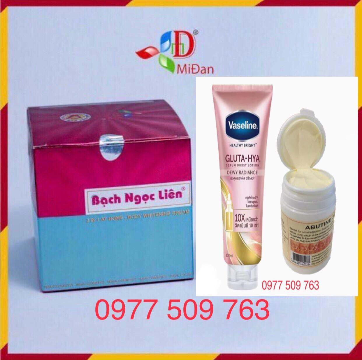Chính hãng- Bộ kem dưỡng trắng da body Bạch Ngọc Liên-xanh+ Vaseline 10X+ Kem kích trắng Butine 3C3 250gr