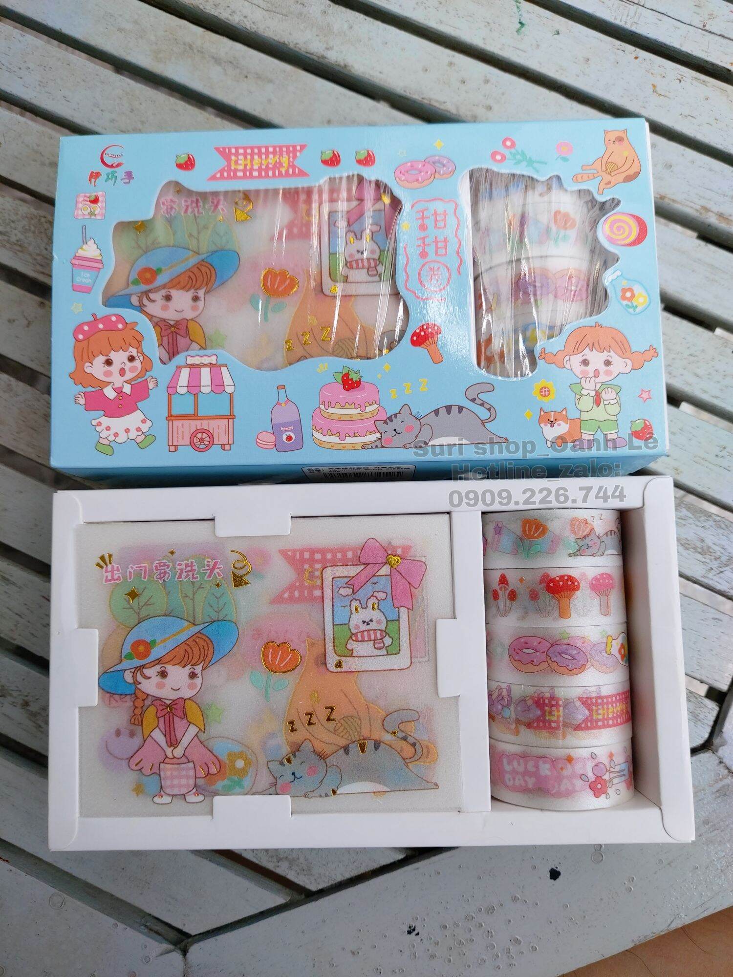 Hộp 5 cuộn Washi + 10 miếng stickers dễ thương