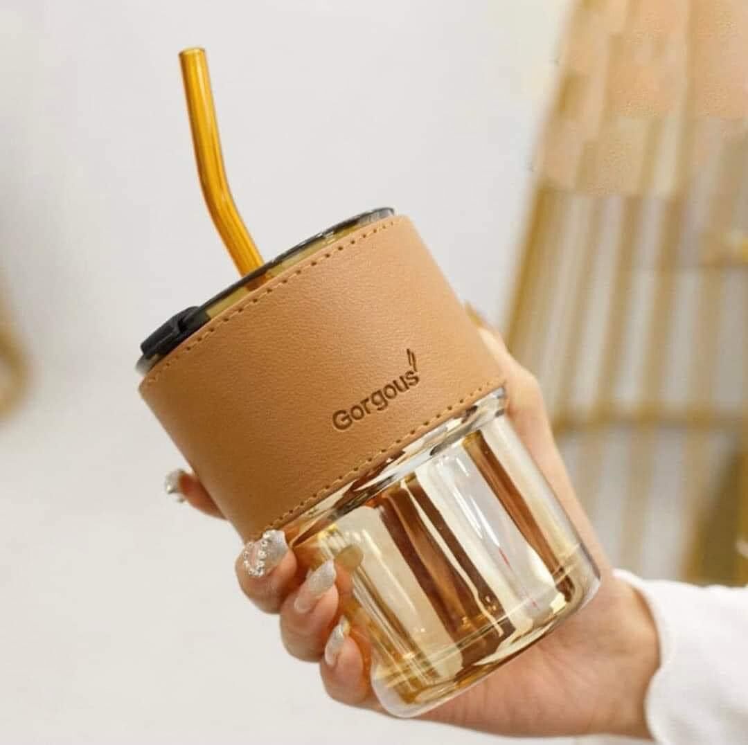 Cốc uống nước có ống hút, cốc thủy tinh có nắp và ống hút, chất liệu thủy tinh cao cấp