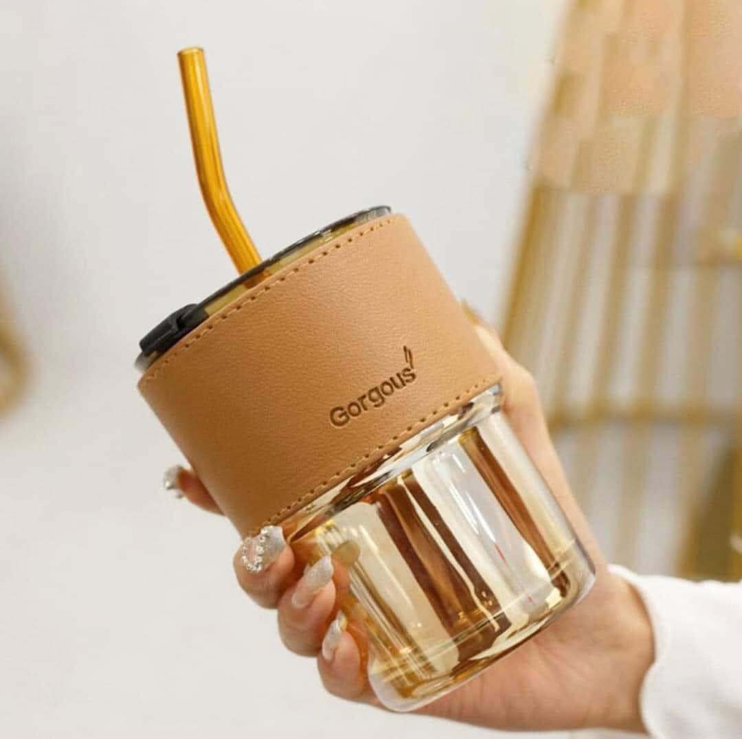 Cốc uống nước có ống hút, cốc thủy tinh có nắp và ống hút, chất liệu thủy tinh cao cấp