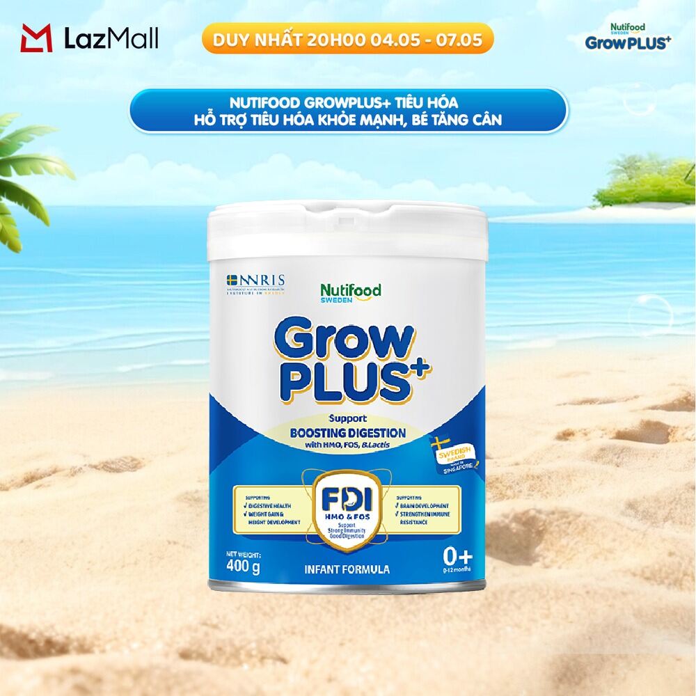 Sữa bột Nutifood Sweden GrowPLUS+ Tiêu Hóa (Xanh Nhạt) 0+ - Hỗ trợ tiêu hóa khỏe mạnh, bé tăng cân (Lon 400g)