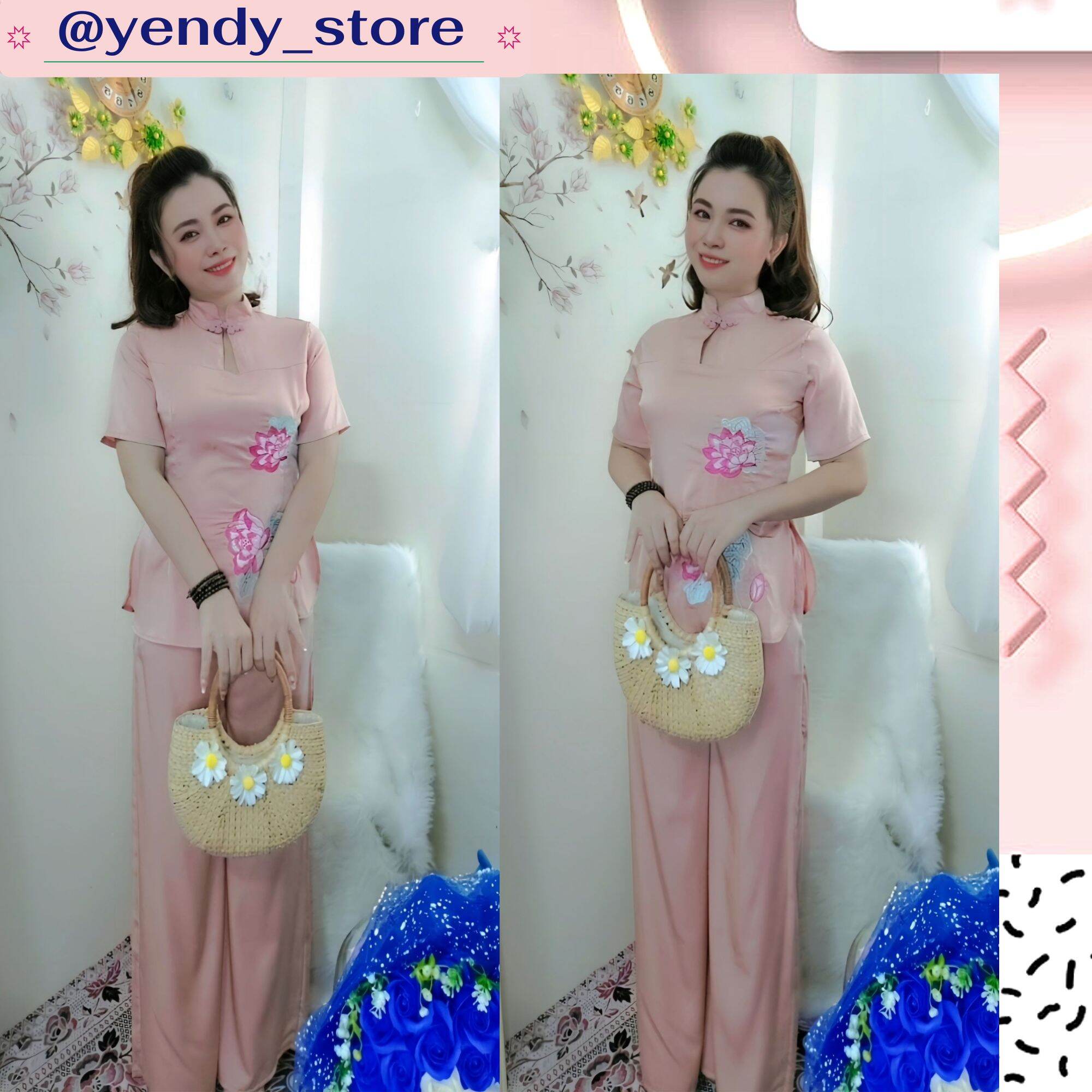 Bộ lam cổ tàu thêu hoa sen, khoét giọt nước phom freesize 42-58kg