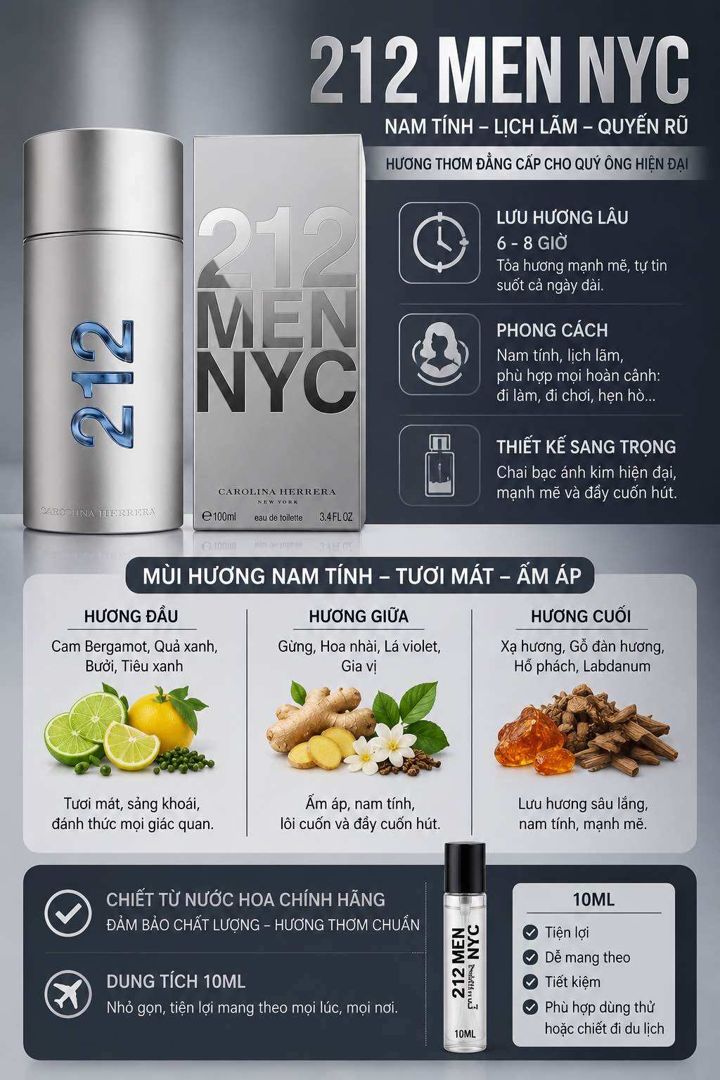 Nước hoa 212 Men Nước Hoa Carolina Herrera EDT Chiết 10ml