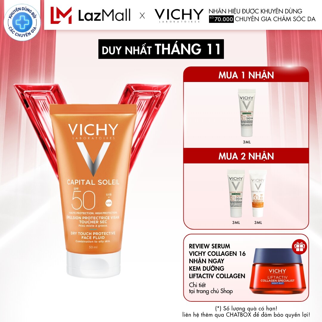 Kem chống nắng không nhờn rít SPF 50 UVA +UVB Vichy Capital Soleil Mattifying Dry Touch Face Fluid