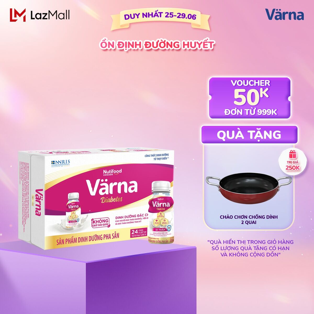 Thùng sữa bột pha sẵn Värna Diabetes - Ổn định đường huyết (GI = 26,9) (24 chai x 237ml) - Varna