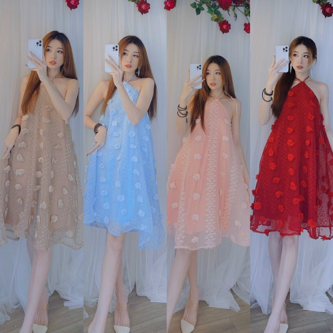 Đầm yếm voan hoa nỗi fom xòe