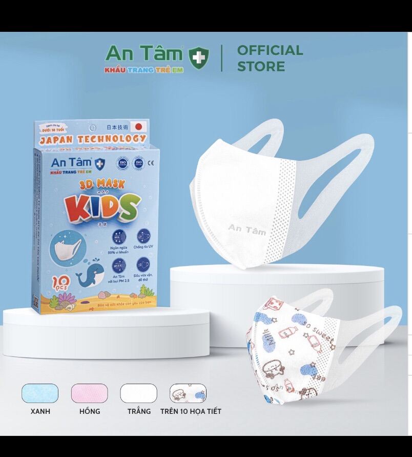 Khẩu trang y tế 3D Nhật Bản cho bé kháng khuẩn, chống tia UV (Từ 3 đến 9 tuổi)- Chính Hãng AN TÂM - Hộp 10 cái
