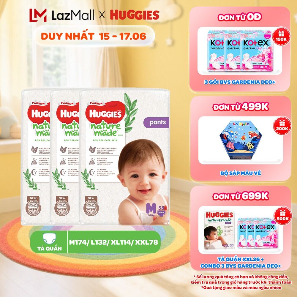 Combo 3 Tã/Bỉm quần Huggies NatureMade Platinum M58/L44/XL38/XXL26/XXXL28