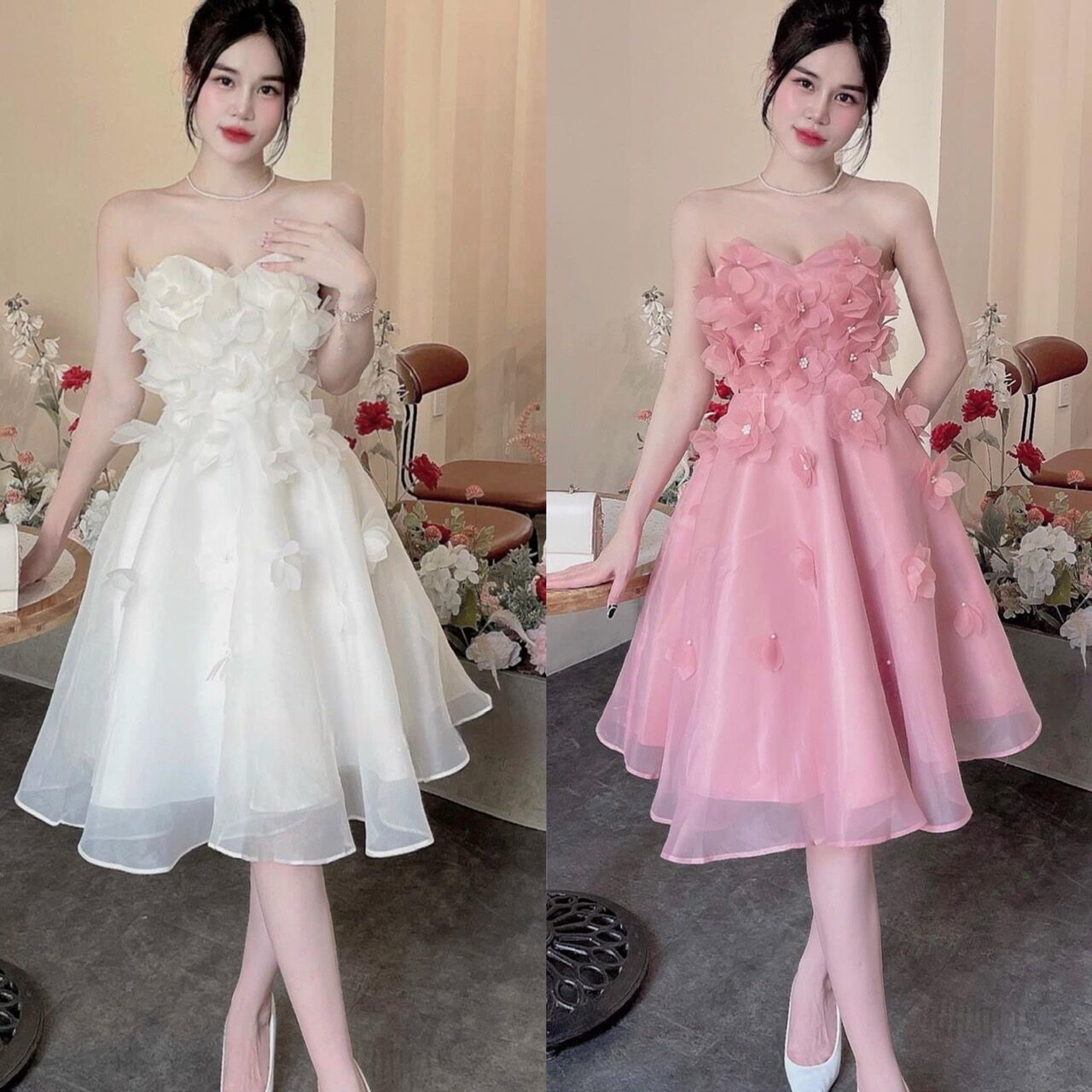 Đầm xòe cúp đính hoa siêu sang quý phái cho nữ, chất Tapta lót tơ đính hoa 2 màu trắng hồng - Váy đầm thời trang nữ đi chơi dự tiệc