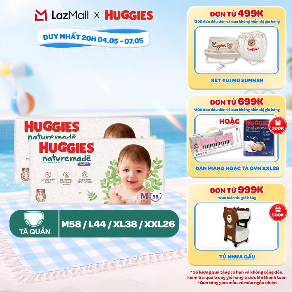Combo 2 Tã/Bỉm quần Huggies NatureMade M58/ L44/XL38/XXL26/XXXL28