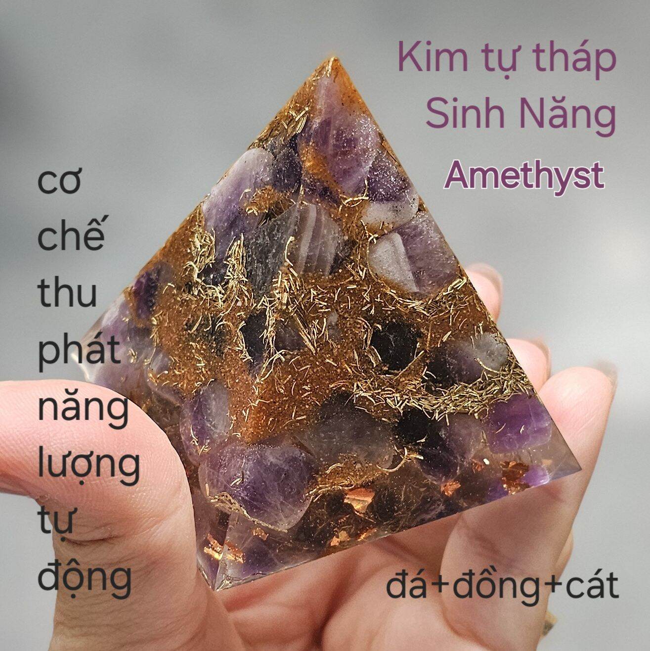SGN 230614 Thiền với Kim tự tháp sinh năng orgonite thạch anh tím thiên nhiên Crystal Light, kim tự tháp đá phong thủy may mắn..