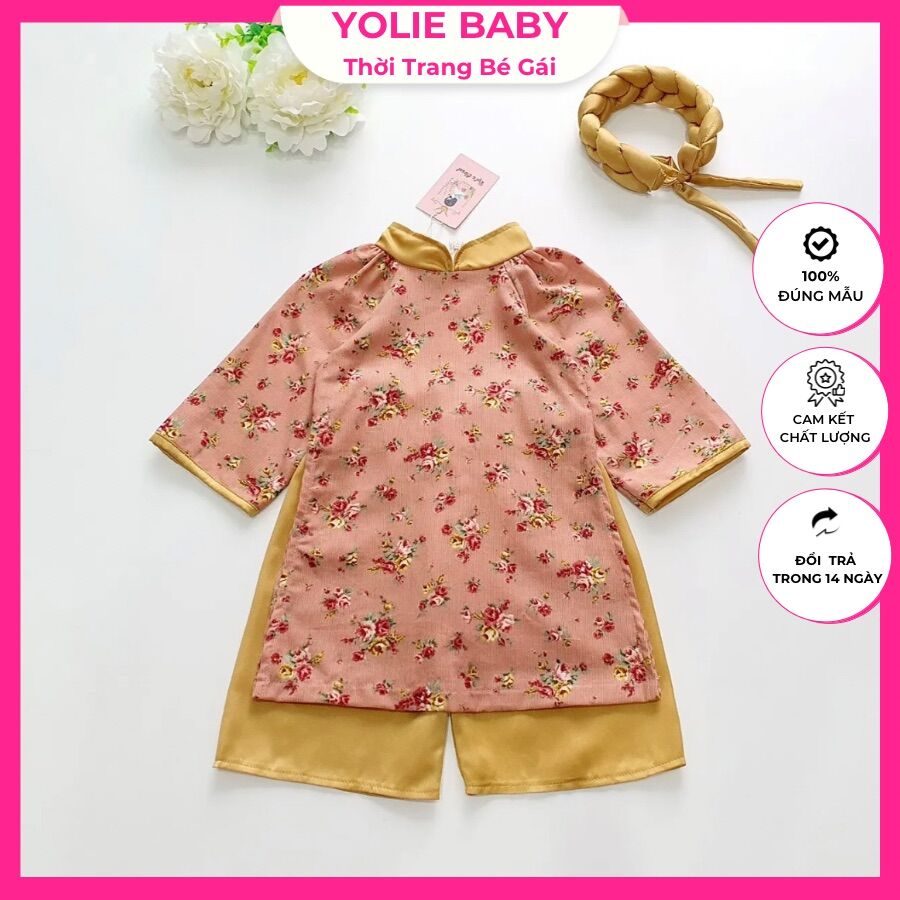 Áo dài hoa nhí hồng nhung tăm,quần lụa satin mẹ và bé