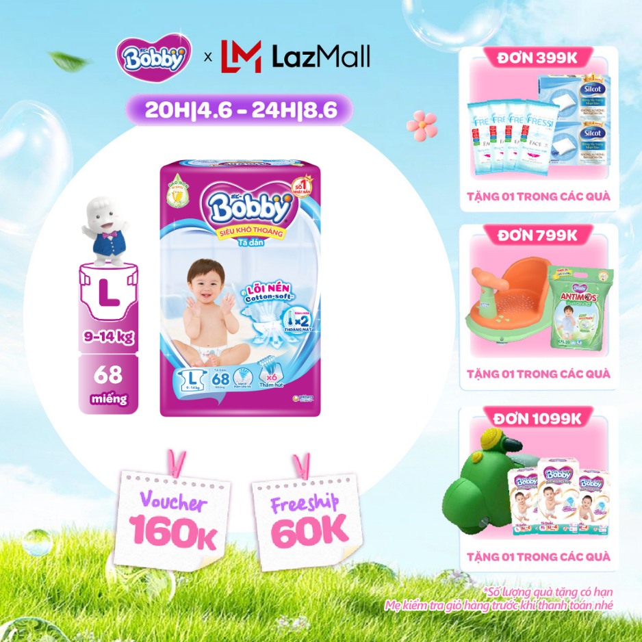 [QUÀ TẶNG HẤP DẪN TỪ 9-10.6]Tã/Bỉm dán Bobby 3mm Ultra Jumbo Siêu khô thoáng L68