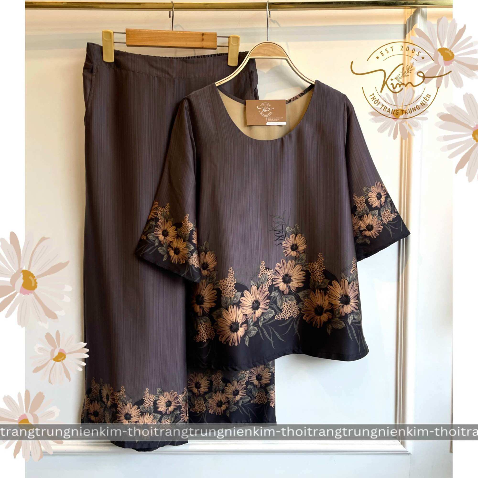 Sét bộ lụa trung niên cao cấp hoa văn hoạ tiết sang trọng Bigsize quần dài 85cm