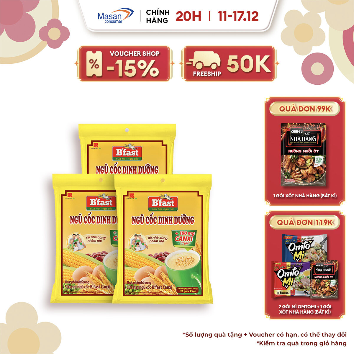 Combo 3 Túi Sữa Hạt Ngũ Cốc B'Fast Canxi - Túi 20 Gói x 25g