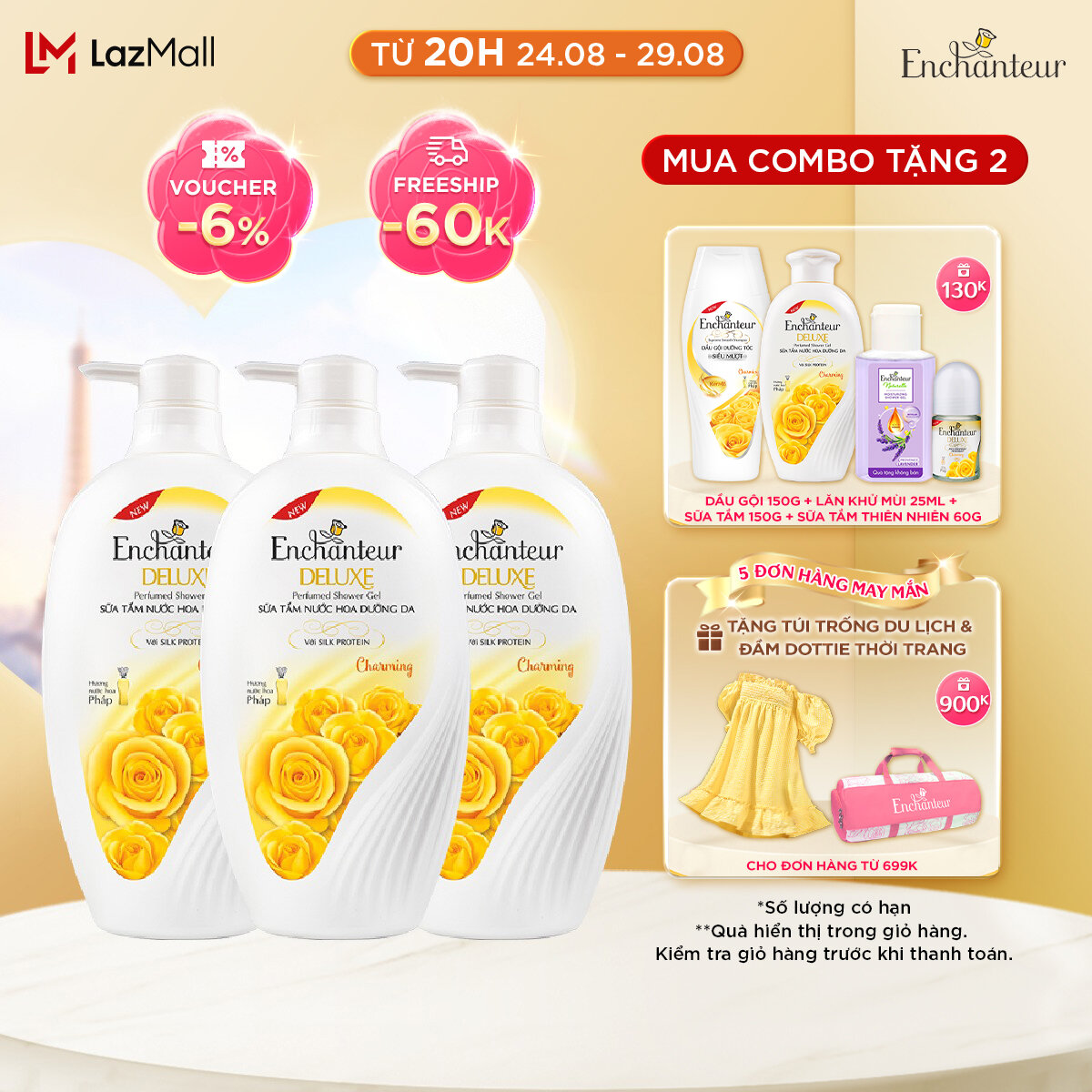 Combo 3 Sữa tắm hương nước hoa Enchanteur Charming 650gr/Chai