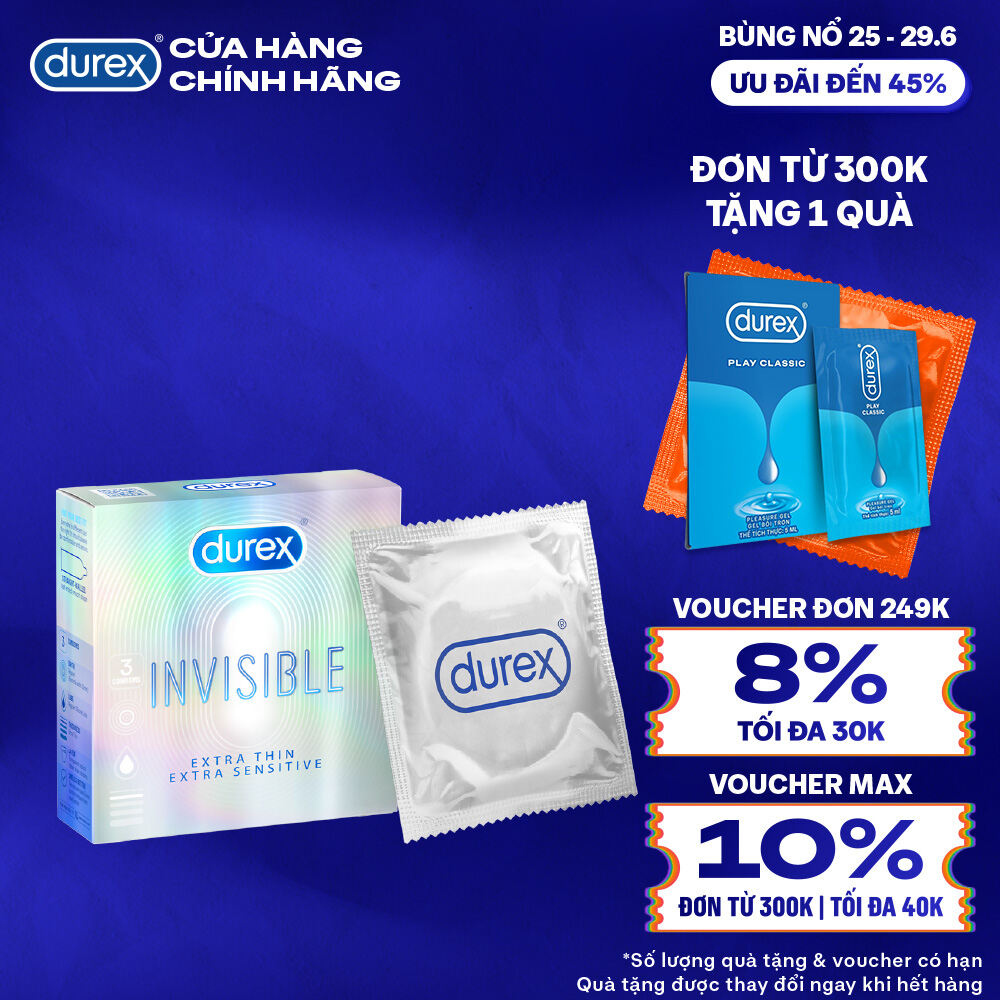 [25-29.06 - Voucher đến 45K] Bao cao su Durex Invisible siêu mỏng, size 52mm, hộp 3 bao