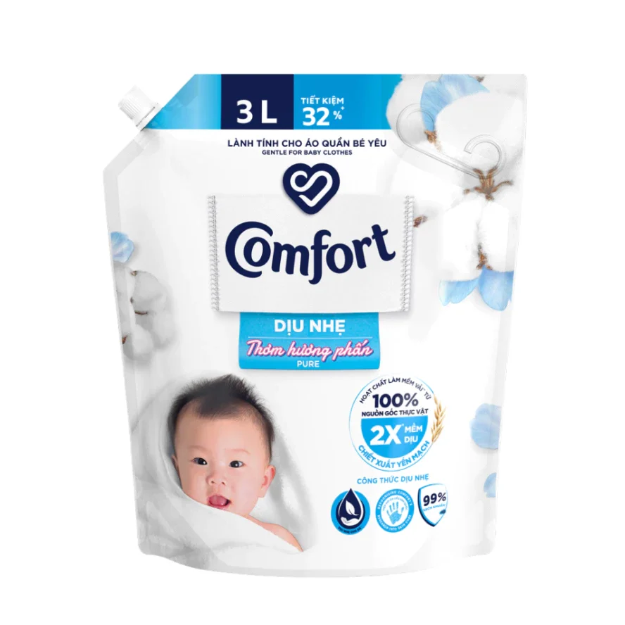 Nước Xả Vải Comfort dịu nhẹ Thơm hương phấn túi 3 lít