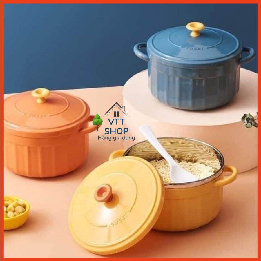 Bát ăn mì, úp mì tôm có nắp, có tay cầm inox kiểu Hàn Quốc kèm thìa, tiện lợi cực xinh