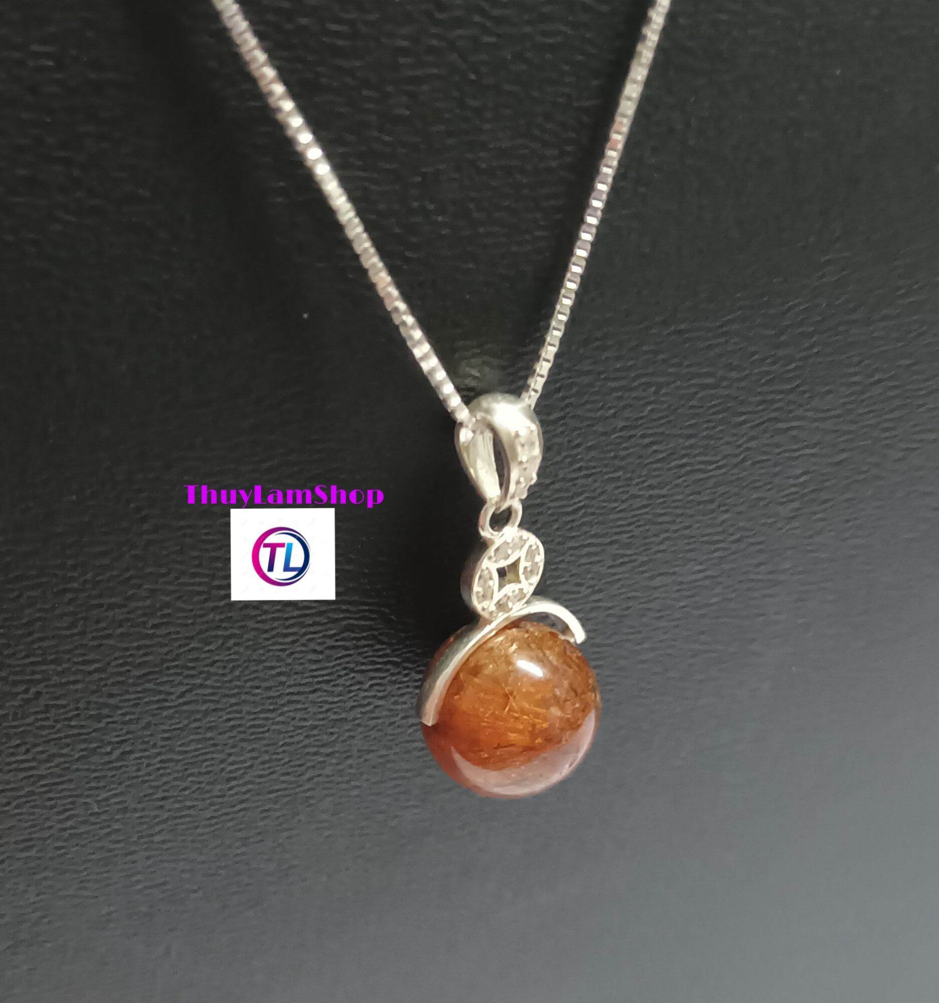 Vòng cổ bạc 925 mặt đá thạch anh tóc đỏ 11li Vip ánh kim tự nhiên vĩnh viễn bảo hành