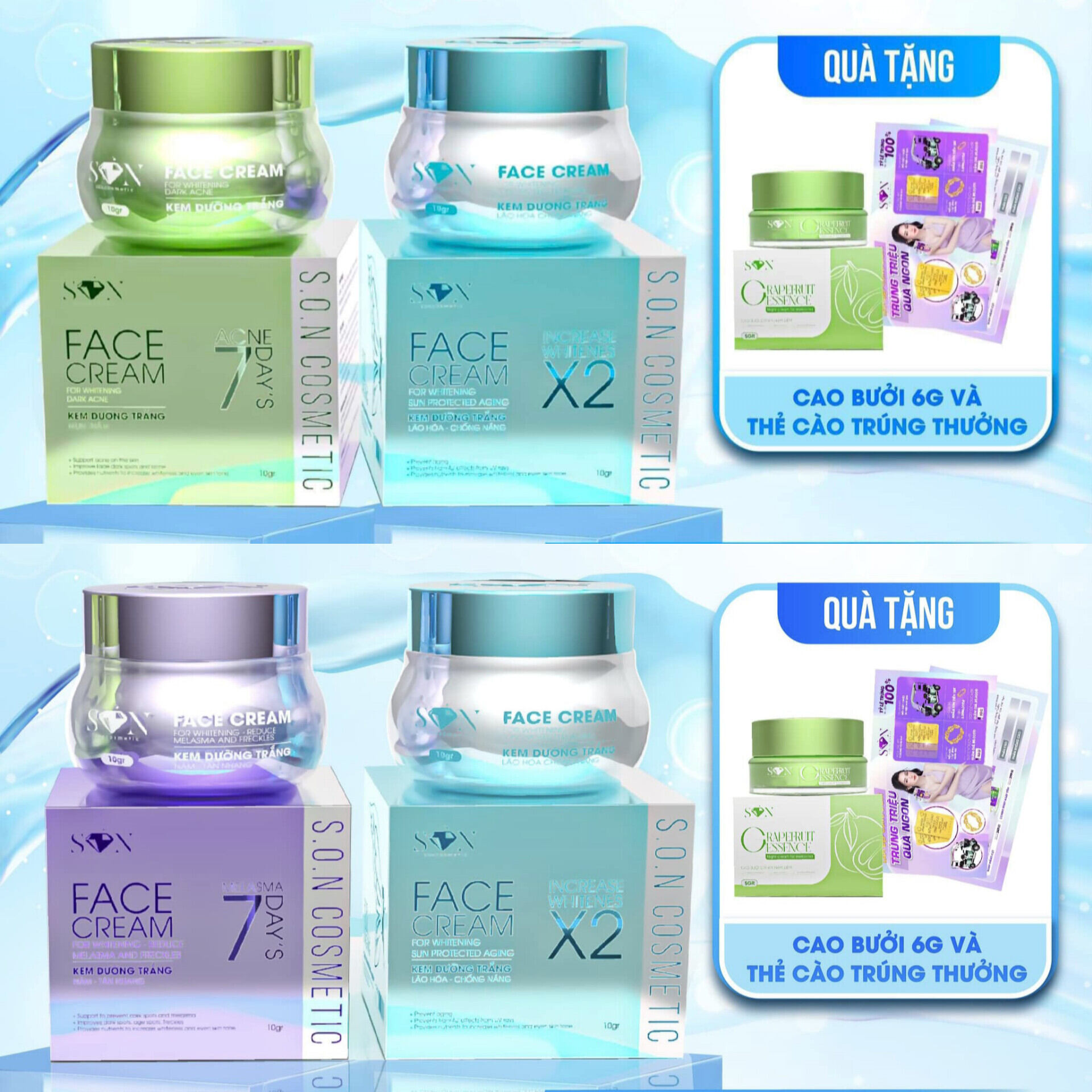Combo kem face son mụn, thâm và face s.o.n nám, tàn nhang, trắng da, chống nắng cô tiên miền tây