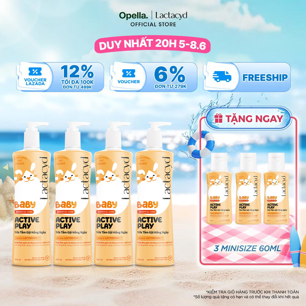 Bộ 4 Sữa Tắm Gội Hằng Ngày Cho Bé Lactacyd Baby Active Play, Giúp Đề Kháng Da Và Bảo Vệ Bé Khỏi Vi Khuẩn 500ml