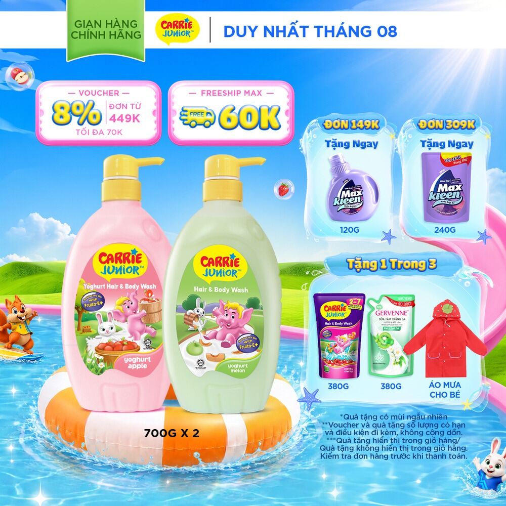 Combo 2 Chai Sữa Tắm Gội Cho Bé Carrie Junior chiết xuất trái cây thiên nhiên Yoghurt hương Táo + Dưa Lưới (700g/ chai)