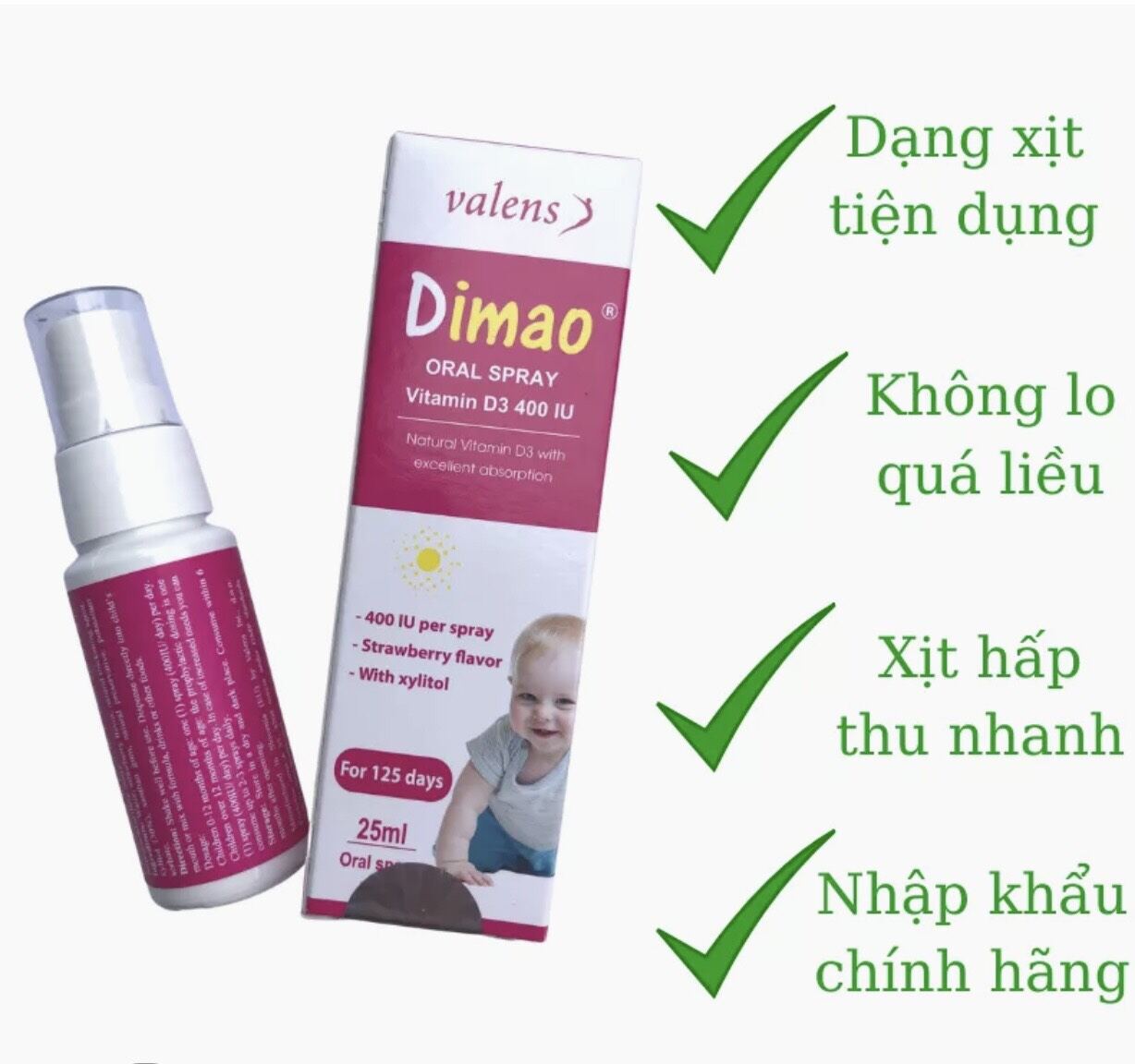 Vitamin d3 dạng xịt dimao giúp bé bổ sung vitamin d3 đúng cách, phát triển chiều cao cho bé. dạng xịt tiện dụng ,ko lo quá liều, hấp thụ nhanh.