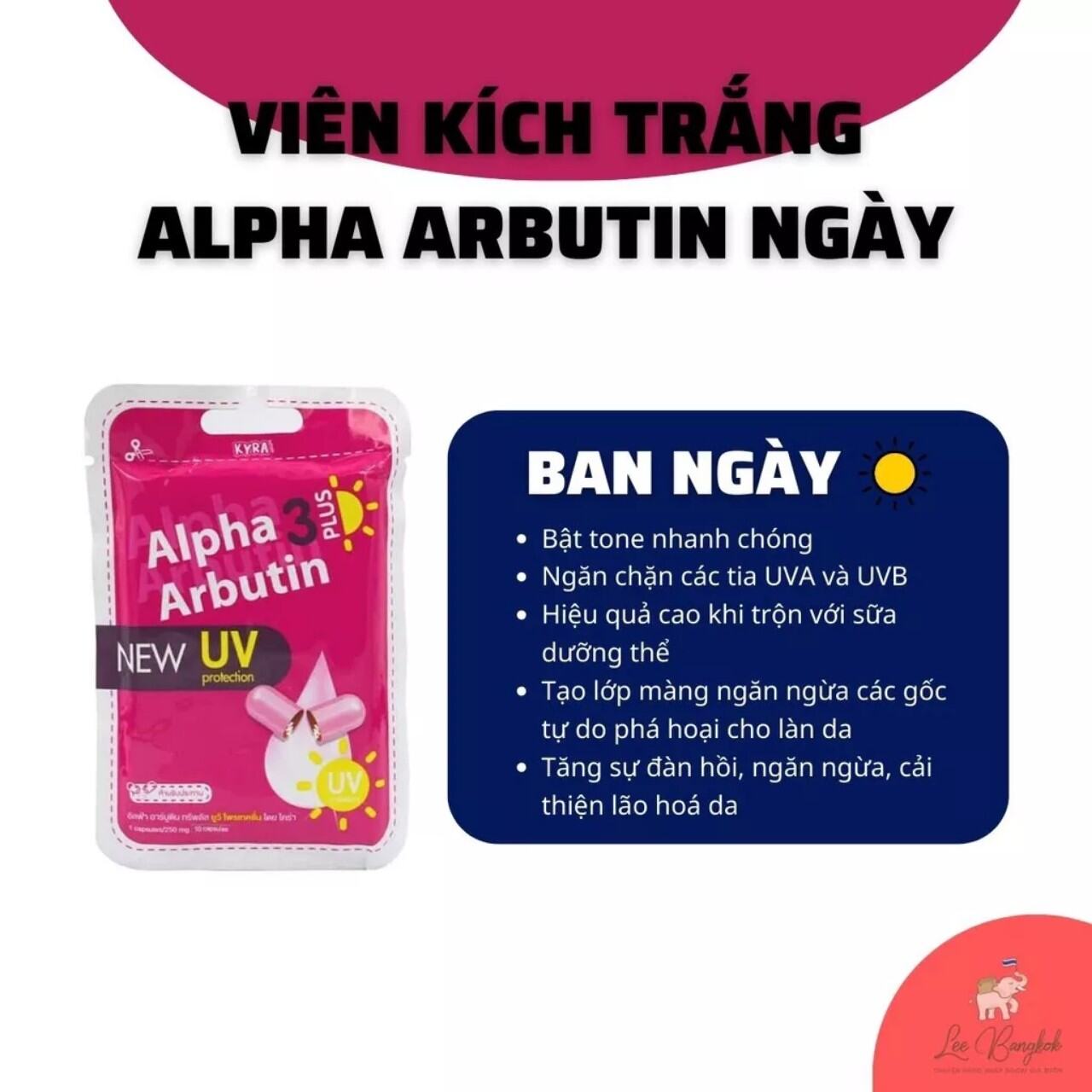 Vỉ 10 Viên Bột Kích Trắng Kyra Alpha Arbutin 3 Plus Đêm UV Giúp Da Trắng Mịn Hàng Thái Lan Chính Hãng