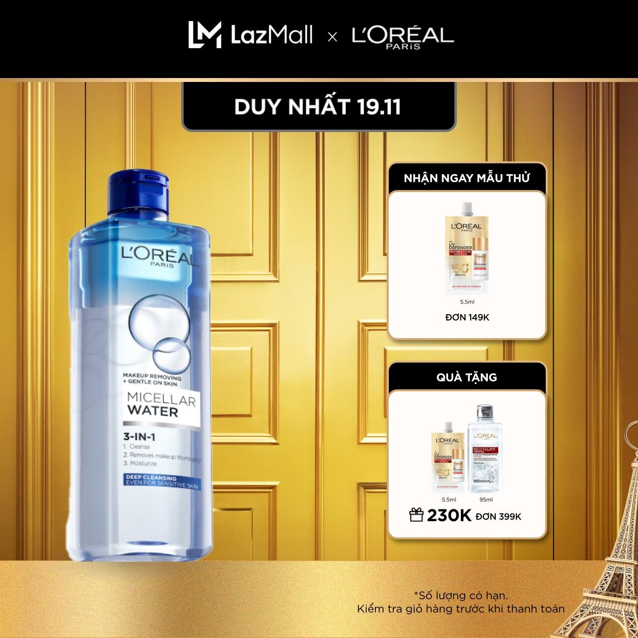 Nước Tẩy Trang Đa Năng 3-In-1 L'Oreal Paris Micellar Làm Sạch Sâu 400Ml (Xanh Dương Đậm)