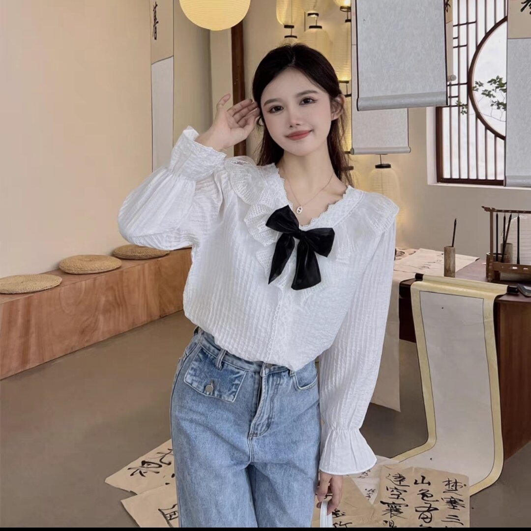 áo kiểu nữ cổ v phối ren nơ đen hàn quốc