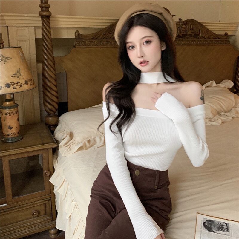 Áo bẹt vai kèm chocker siêu xinh p222